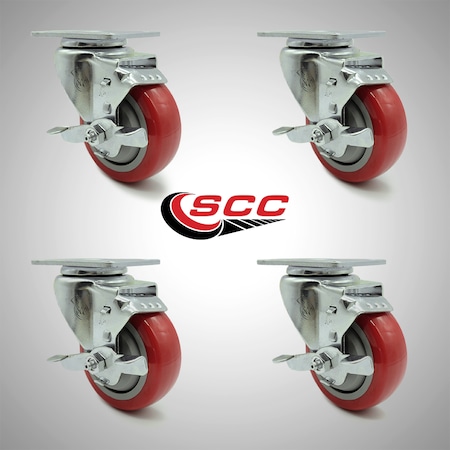 Service Caster 3.5 Inch SS Red Polyurethane Swivel Top Plate Caster Set with Brake SCC SCC-SS20S3514-PPUB-RED-TLB-4